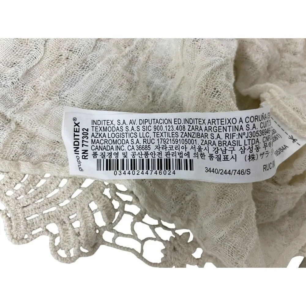 Zara Womens Top M Ivory Crochet Long Sleeve Cropped Blouse Cotton 3440/244 NWT